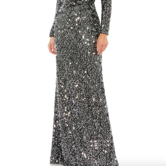 MAC  DUGGAL 26555 LONG SLEEVE SEQUIN BLACK SILVER GOWN sz 14 - Picture 2 of 6
